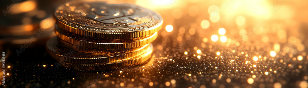 Poster macro image glowing promotional coin currency symbols close up abstract background bokeh financial p