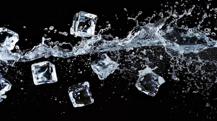 Ice cubes cascading into a swirling splash, creating a dynamic interplay of water droplets and energy, evoking freshness and vitality in a vibrant scene