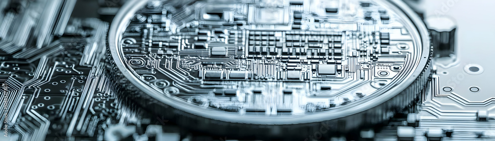 Aufkleber macro shot futuristic coin digital circuitry patterns close up image intricate etched surface white 