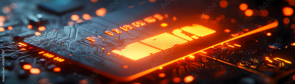 Poster futuristic credit card close-up with fingerprint scanner and glowing circuitry - macro shot highligh