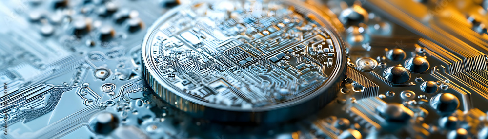 Poster futuristic coin macro shot with digital circuitry patterns - close up of intricate currency design h