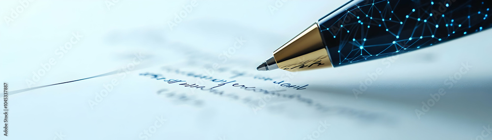 Poster futuristic smart pen macro shot signing digital document concept close up image sleek pen hovering o