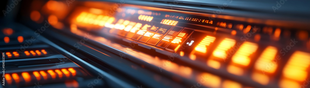 Poster macro shot glowing currency exchange machine close up futuristic digital display advanced financial 