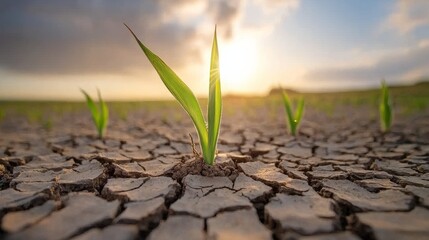 A vibrant green shoot emerges from dry, cracked soil beneath a bright sky, symbolizing hope and resilience in a harsh environment.