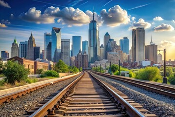 Fototapeta premium City skyline view with train tracks in foreground, blurred background