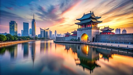 City skyline reflecting in a lake at dusk in Suzhou, China
