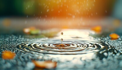 A close-up of water droplets falling and creating ripples on a surface, with soft focus on orange petals and sunlight in the background.