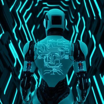 Cybernetic robot with glowing circuits, navigating a labyrinth of alien technology