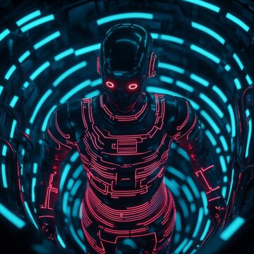Cybernetic robot with glowing circuits, navigating a labyrinth of alien technology