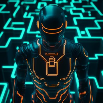 Cybernetic robot with glowing circuits, navigating a labyrinth of alien technology