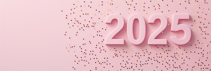 Celebratory pink backdrop with large 2025 numbers and scattered golden confetti for New Year festivities. Place for text. Top view