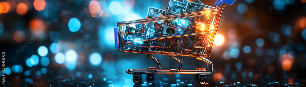 Poster macro shot holographic shopping cart glowing currency symbols abstract bokeh background detail close