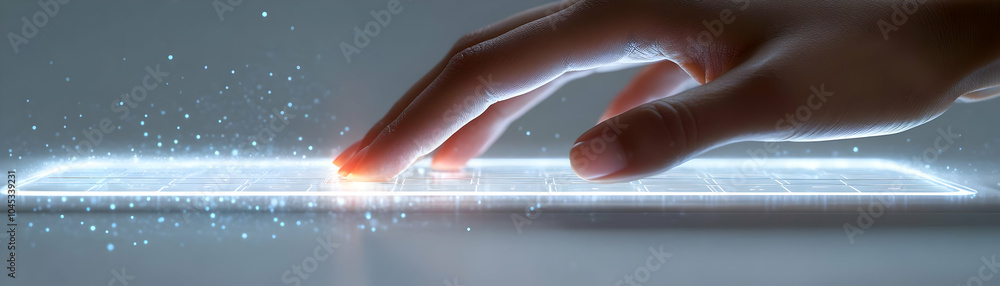 Poster macro shot fingers typing virtual keyboard projected desk futuristic input method technology advance