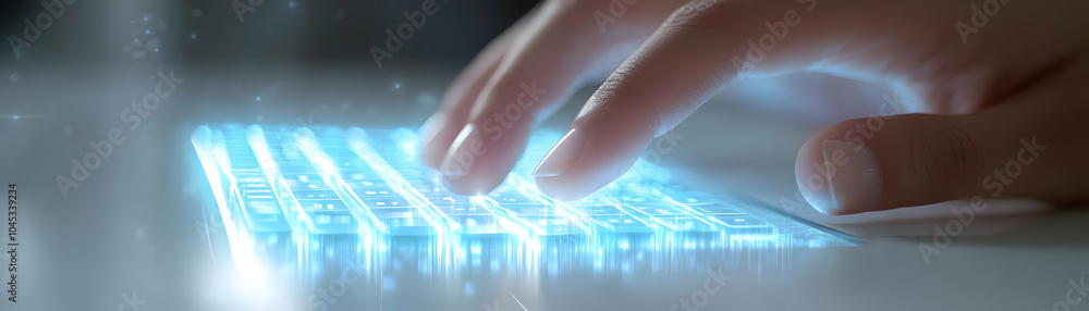 Poster macro shot fingers typing virtual keyboard projected desk close up image high tech input method inno