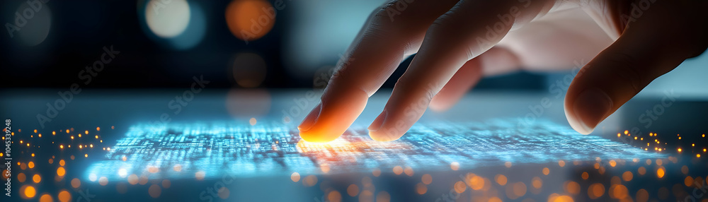 Poster macro shot fingers typing virtual keyboard projected desk close up futuristic input method technolog