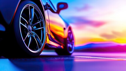 Dynamic Close-Up of a Car Wheel at Sunset