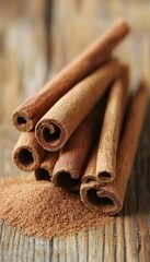 Cinnamon Sticks and Powder on a Rustic Wooden Background, Aromatic Spice, Close Up View