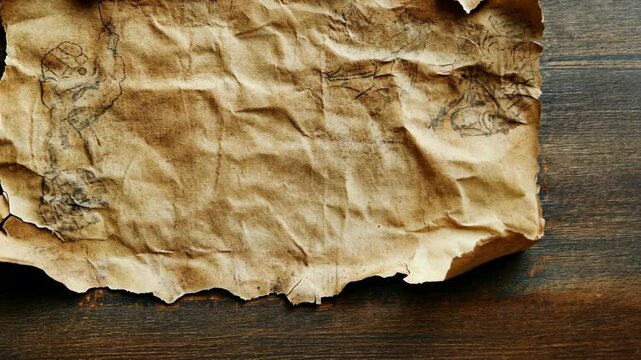 A crumpled, aged piece of parchment sits on a wooden surface, revealing faint sketches of figures and symbols