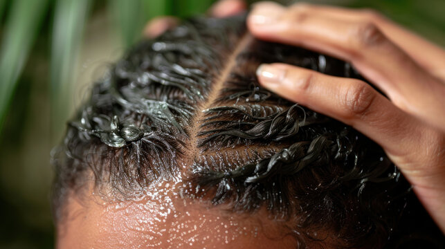 A person massaging hair growth oil into their scalp, with healthy hair regrowth visible