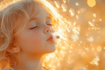 Fototapeta premium Blond haired girl blowing dandelion seeds in golden sunlight