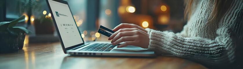 Online Shopper Making Purchase Close Up Hands Typing Credit Card Details Laptop E commerce Satisfaction Facial Expression Digital Retail Trends Photo Stock Concept