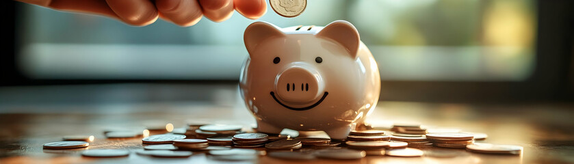 Piggy Bank Overflowing Coins Close Up Hand Dropping Coin Focused Trajectory Piggy Bank Satisfaction Symbolizes Successful Savings Financial Goals Photo Stock Concept