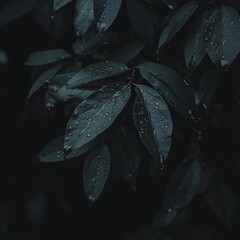 Fototapeta premium Dark Green Leaves with Water Drops, Moody Botanical Background, Nature Texture, Close-Up