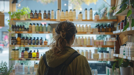 A person shopping for zero-waste haircare products in a sustainable beauty store, with refill stations in the background