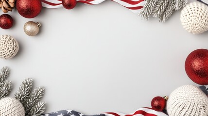 Naklejka premium A festive border featuring red, white, and gold ornaments, along with natural elements, perfect for holiday-themed designs or decorations.