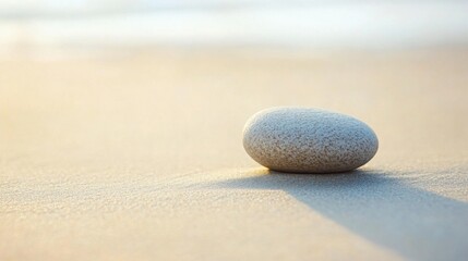 A single stone sitting in the middle of an empty sandy beach, with soft light and shadows creating a serene, minimalist atmosphere