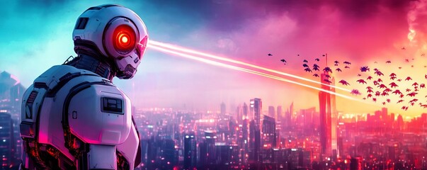 Giant robot defending a futuristic city from a swarm of alien invaders, lasers firing across the sky
