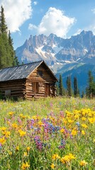Fototapeta premium Rustic Log Cabin Surrounded by Colorful Wildflowers