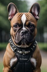 Fototapeta premium Dogs. French bulldog in a beautiful collar, harness with rhinestones.