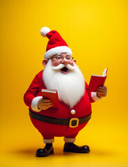 Obraz premium Grandfather in red hat celebrates Christmas and sings carols wearing a funky outfit and big belly on a yellow colored background.