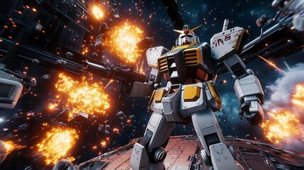 Giant robot defending a space station from alien invaders, explosions lighting up the background