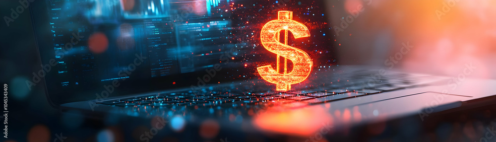 Poster soft abstract dollar sign emerging from laptop with bokeh lights | digital artwork representing curr