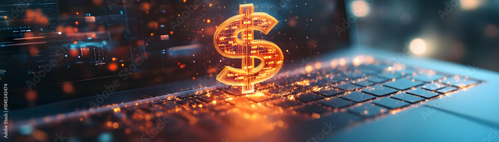 Poster glowing dollar sign emerging from laptop screen in soft abstract background with bokeh lights - crea