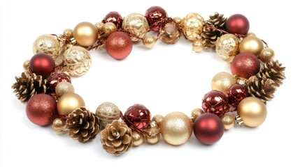 Obraz premium A festive wreath made of decorative Christmas ornaments and pinecones.