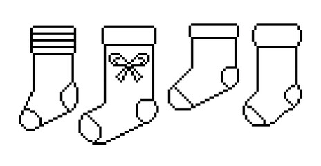 Set of Christmas Socks in Pixel Style. Vector Illustration