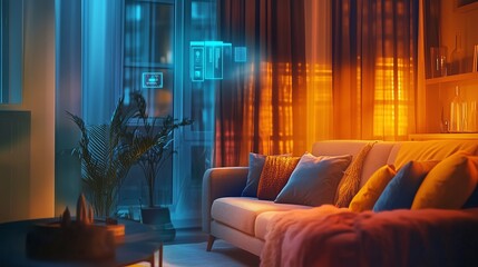 Contemporary Living Room with Colorful Neon Lights and Cozy Decor