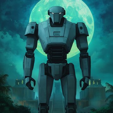 Giant robot guardian standing in front of an alien temple, bathed in moonlight