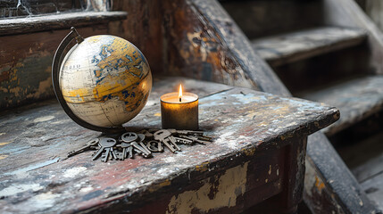 A Weathered Table Displaying an Antique Globe, Vintage Keys, and a Flickering Candle Amidst Artistic Touches