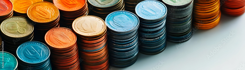Poster stacks colorful currency notes coins neatly arranged white surface ample space top down shot highlig