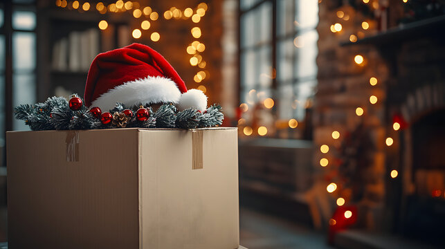 Festive Freight: The Perfect Holiday Promotion with a Cheerful Santa Hat on a Moving Box in a Christmas Setting