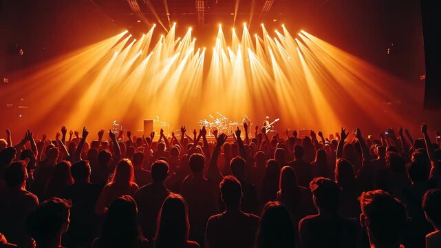 A crowded concert hall with scene stage lights , rock show performance, with people silhouette, on dance floor air during a concert festival Video