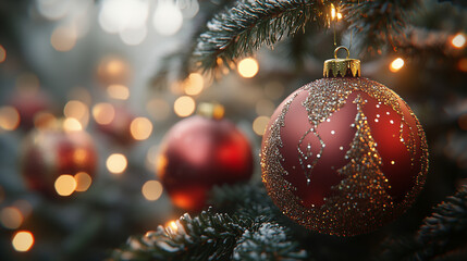 A close-up of Christmas ornaments hanging on a tree, with twinkling lights and festive colors.
