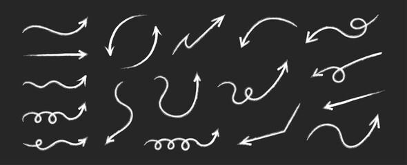 Crayon hand-drawn pencil chalk-white arrows set—scribble symbols of direction pointers and swirl arrow elements for the infographic. Grunge doodle curved charcoal chalk arrows on a black background.