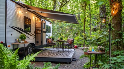 Obraz premium Travel Trailer Camping Patio Setup Forest Glamping Outdoor Living RV Camping