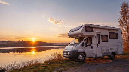 Scenic sunset view with a camper parked near a tranquil lake. Perfect for travel and adventure themes.
