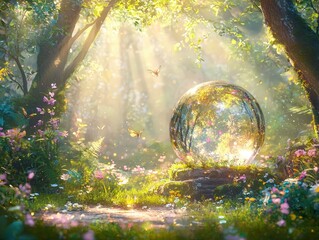 Enchanted Forest Crystal Ball Magical Light Butterflies Nature Scene